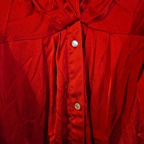 Marissa Webb Collective Satin Tie Front Long Sleeve Ruffle V-Neck Dress in Red 8 - Picture 9 of 10